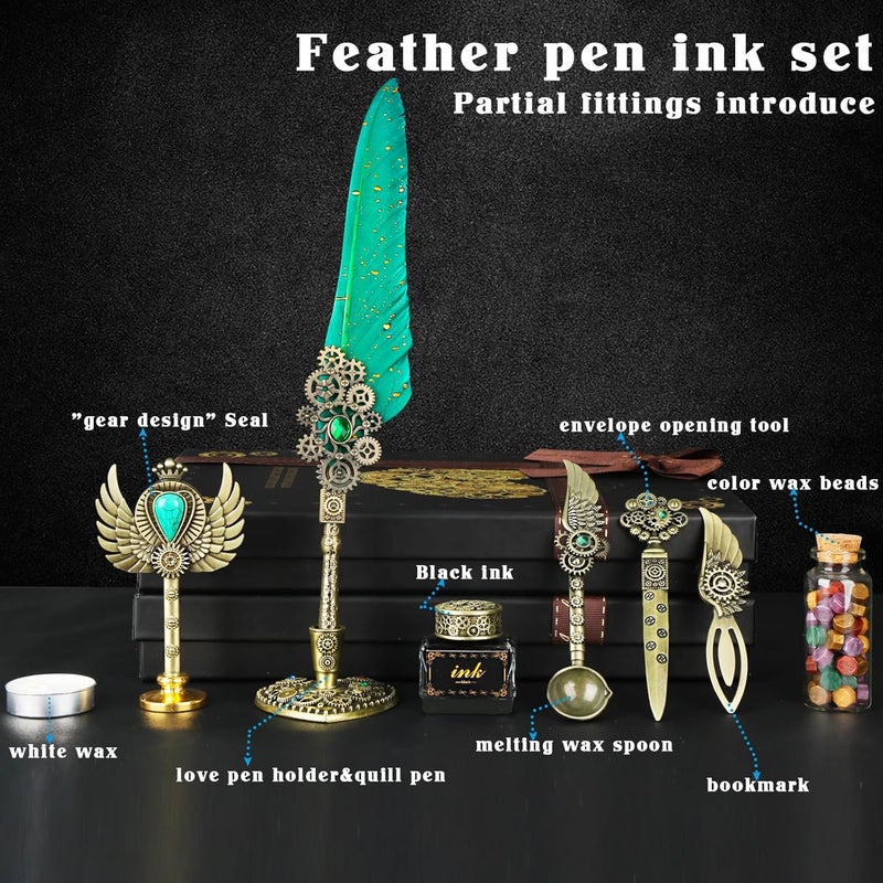 Aifeiter Quill Pen Ink Set, Feather Calligraphy Pen, Wax Seal Stamp, Beautiful Gift Calligraphy Set, Christmas Gifts - Green - Image 2